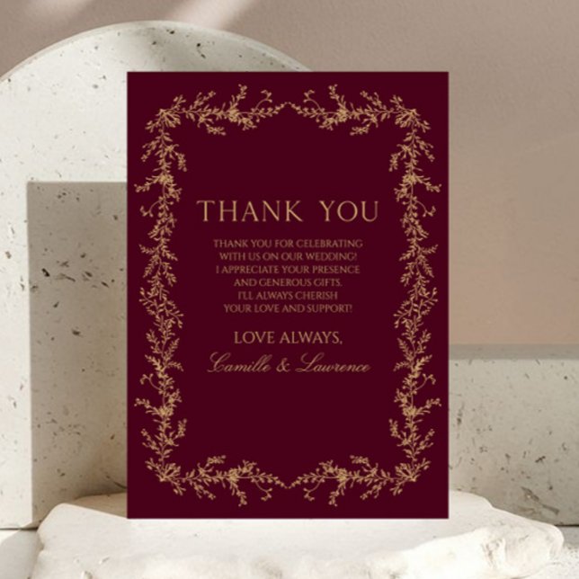 Burgundy Champagne Toile Blommig Ram Bröllop Tack Kort (Skapare uppladdad)