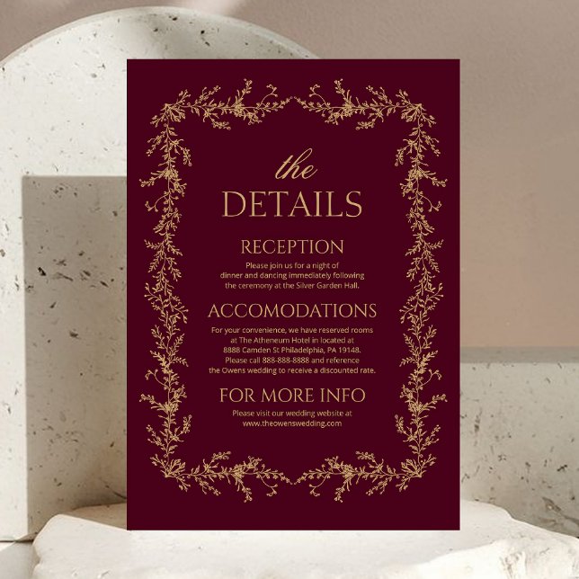 Burgundy Champagne Toile Blommiga Bröllopsdetaljer Tilläggskort (Skapare uppladdad)