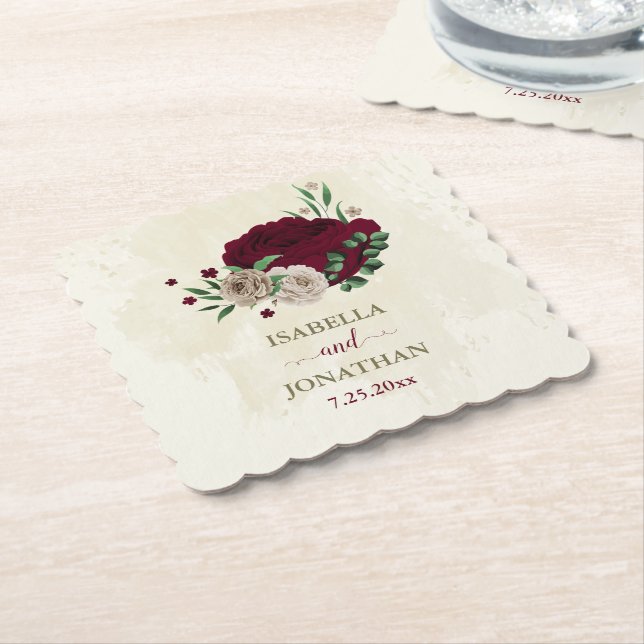 Burgundy champagneblommor bröllop underlägg papper (Vinklad)