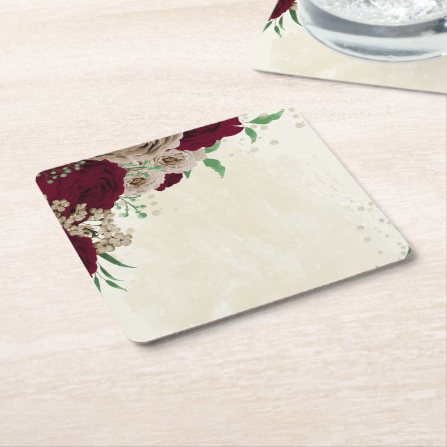 Burgundy champagneblommor bröllop underlägg papper kvadrat (Vinklad)