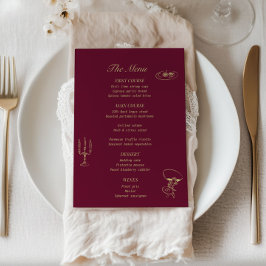 Burgundy Chartreuse Illustrated Bröllop Menu Meny