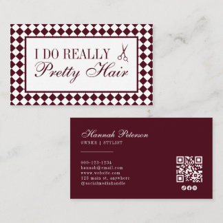 Burgundy Checkered Old Money Hair Stylist QR Code Visitkort