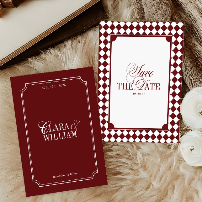 Burgundy Checkered Old Money Wedding Save The Date Spara Datumet (Skapare uppladdad)