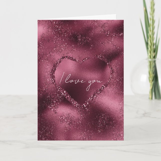 Burgundy Cherry Glitter Gnistra Heart Kärlek Kort (Framsida)