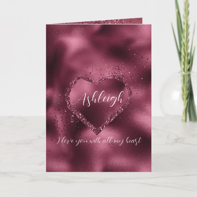 Burgundy Cherry Glitter Gnistra Heart Personlig Kort (Framsida)