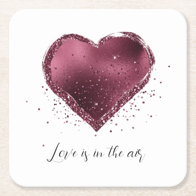 Burgundy Cherry Glitter Sparkle Heart Love  Underlägg Papper Kvadrat (Framsidan)