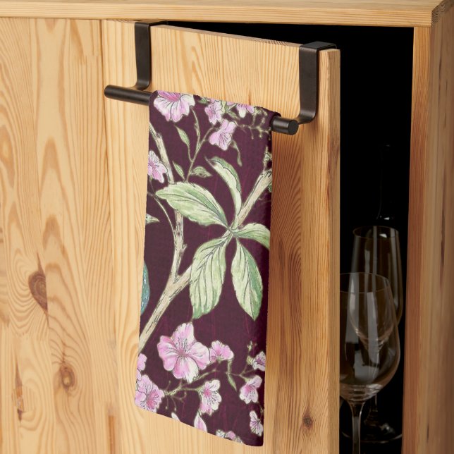 Burgundy Chinoiserie blommigt Kökshandduk (Thirds Fold)