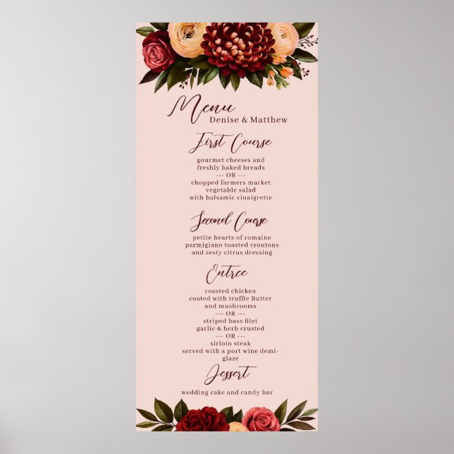  & Burgundy Chrysanthemum Bröllop Menu Poster (Framsidan)