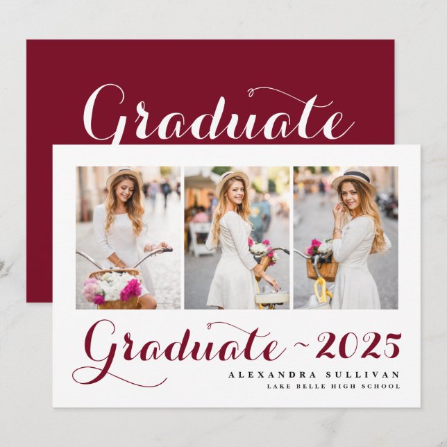 Burgundy Class of 2025 Photo Collage Studenten Meddelande (Fram/baksida)