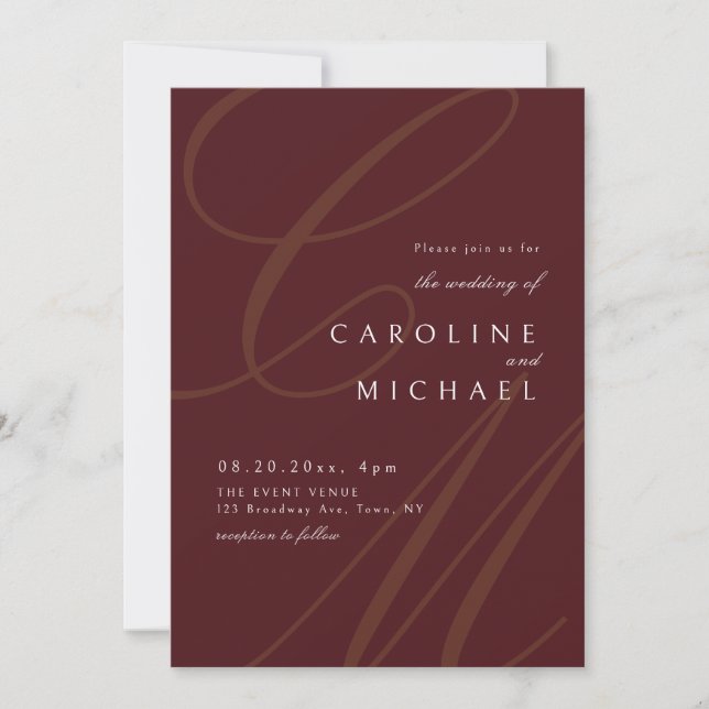 Burgundy Classic calligraphy monogram bröllop Inbjudningar (Framsida)