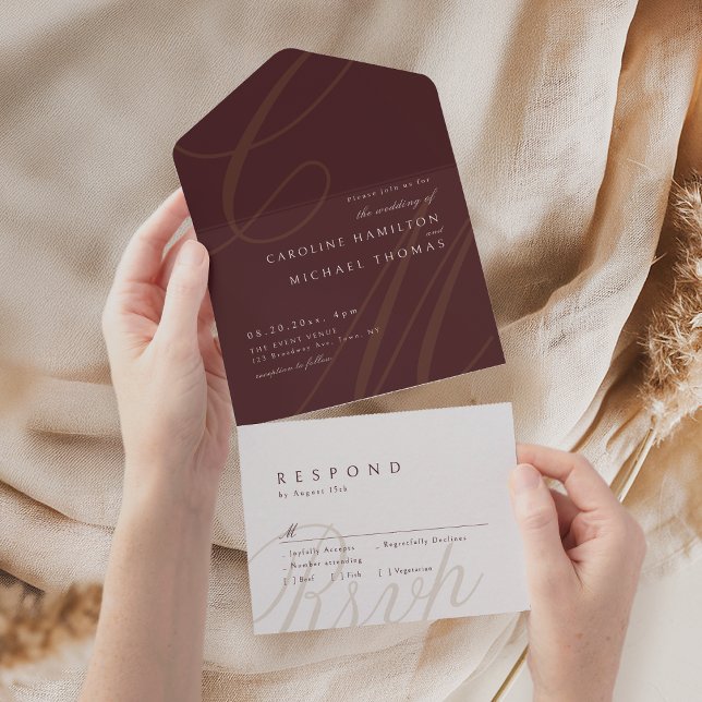 Burgundy Classic Elegance calligraphy monogram (Burgundy Classic Elegance calligraphy monogram All In One Invitation)