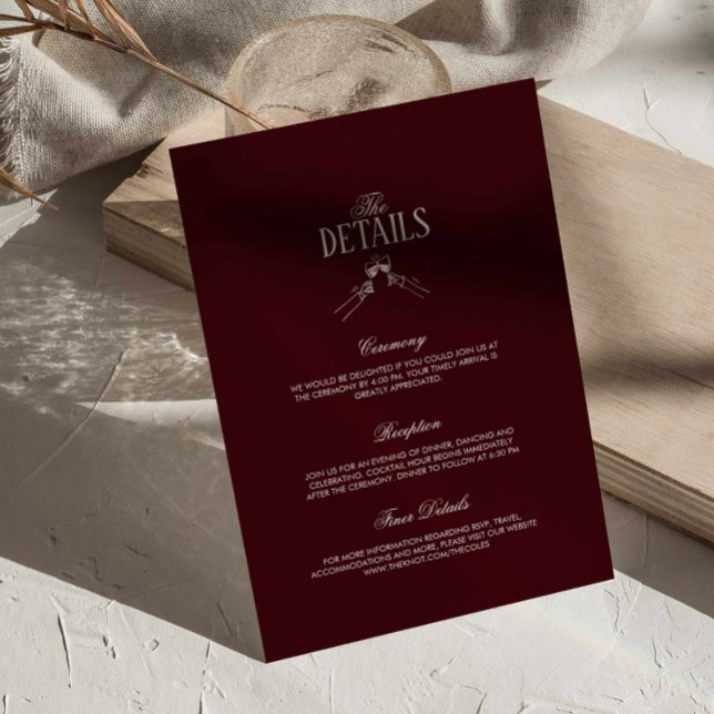 Burgundy Classic Retro Wedding Details  Tilläggskort (burgundy formal trendy wedding details card, deep red cherry classic ceremony details enclosure card)