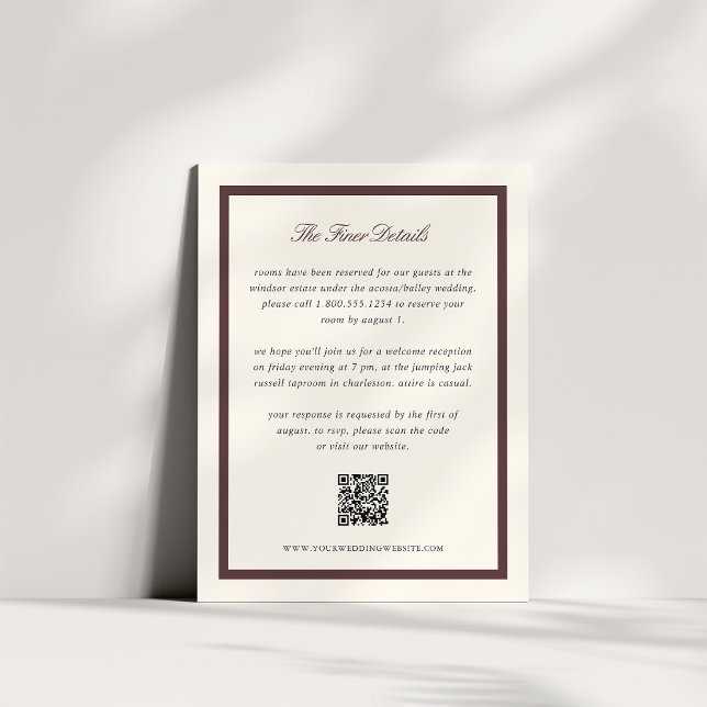 Burgundy Classic Script Bröllopsdetaljer QR-kod Tilläggskort (Skapare uppladdad)