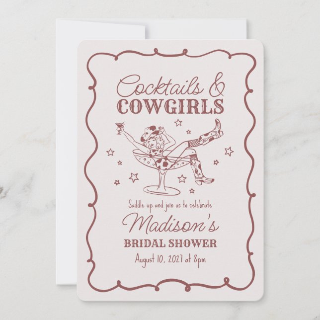 Burgundy Cocktail och Cowgirl Rodeo Bröllopsbrudsk Inbjudningar (Framsida)