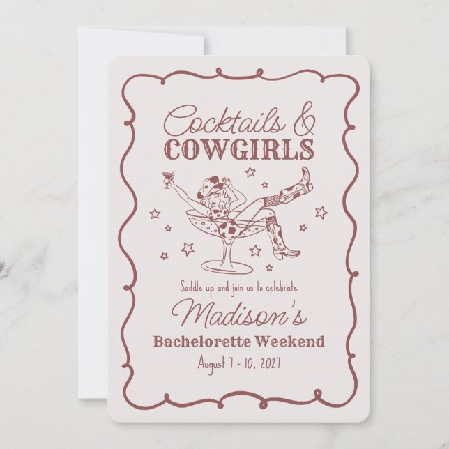 Burgundy Cocktail och Cowtjejer Bash Bachelorette Inbjudningar (Framsida)