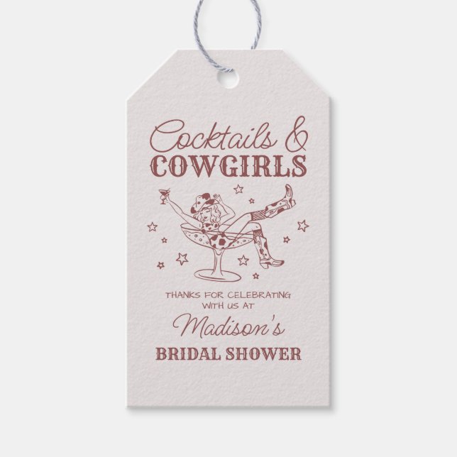 Burgundy cocktails och cowgirl bröllopsduschgåva presentetikett (Framsidan)