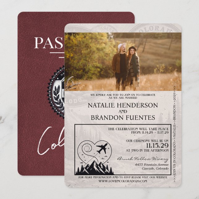 Burgundy Colorado Passport Bröllop Inbjudningar (Fram/baksida)
