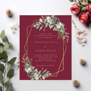 Burgundy cone greenery guld bröllopsinbjudan