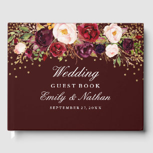 Burgundy Confetti Blommigt Bröllop Guest Bok