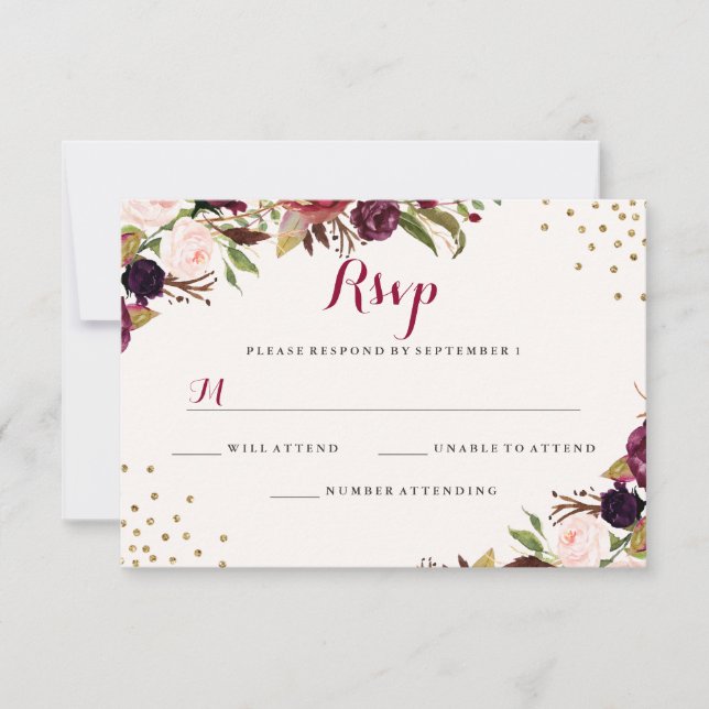 Burgundy Confetti Blommigt Bröllop OSA Kort (Framsida)
