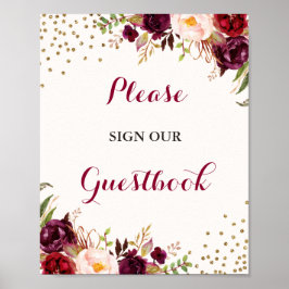 Burgundy Confetti Blommigt Guestbook Bröllop-tecke Poster