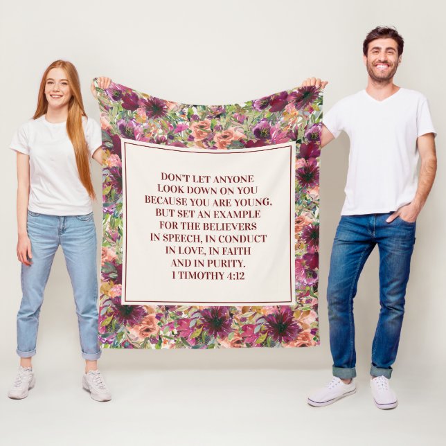 Burgundy Coral Blommigt Bible Verse Timothy Youth Fleecefilt (På plats)