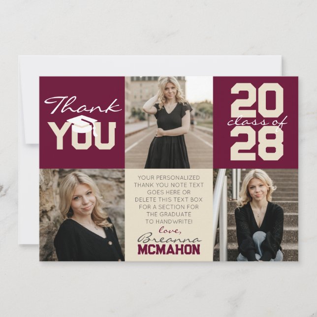 Burgundy & Cream 3 Photo Studenten Tack Inbjudningar (Framsida)