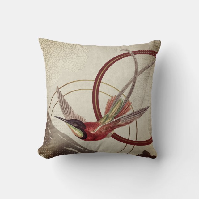 Burgundy & Cream Artistic Abstrakt Hummingbird Kudde (Framsida)