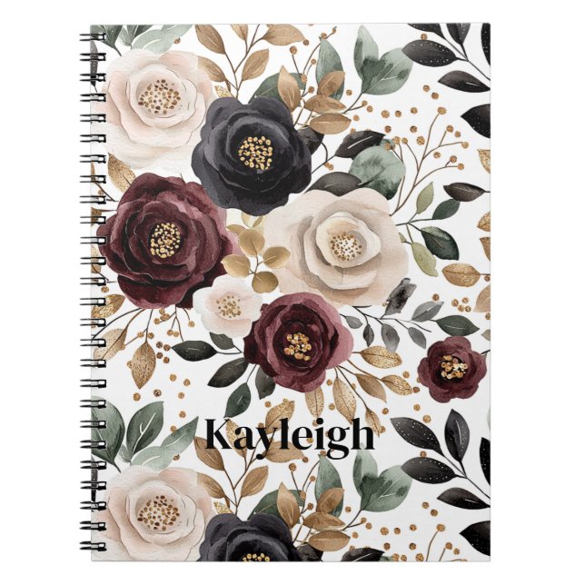 Burgundy Cream Black Blommigt Anteckningsbok (Framsidan)