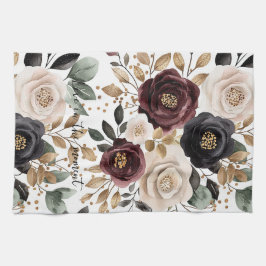 Burgundy Cream Black Blommigt Kökshandduk