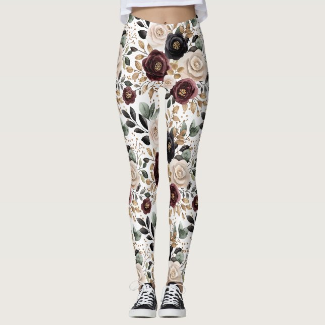 Burgundy Cream Black Blommigt Leggings (Framsida)