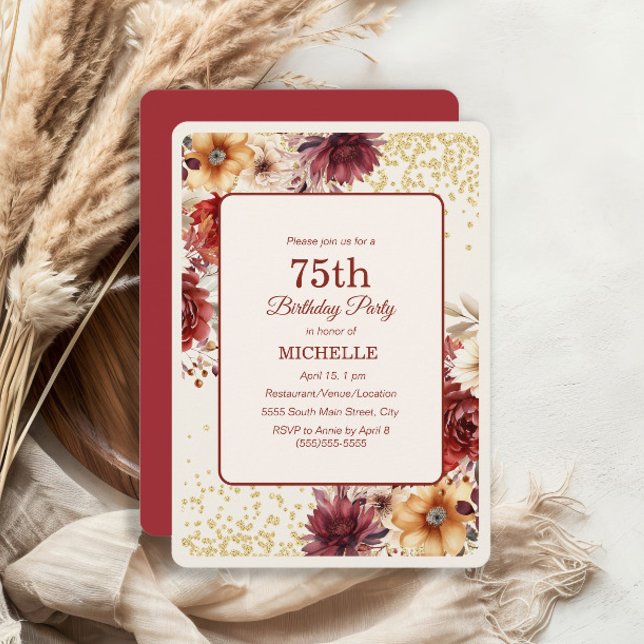 Burgundy Cream Blommigt Guld Glitter 75:e födelsed Inbjudningar (Burgundy and cream watercolor floral 75th ibirthday party invitation)