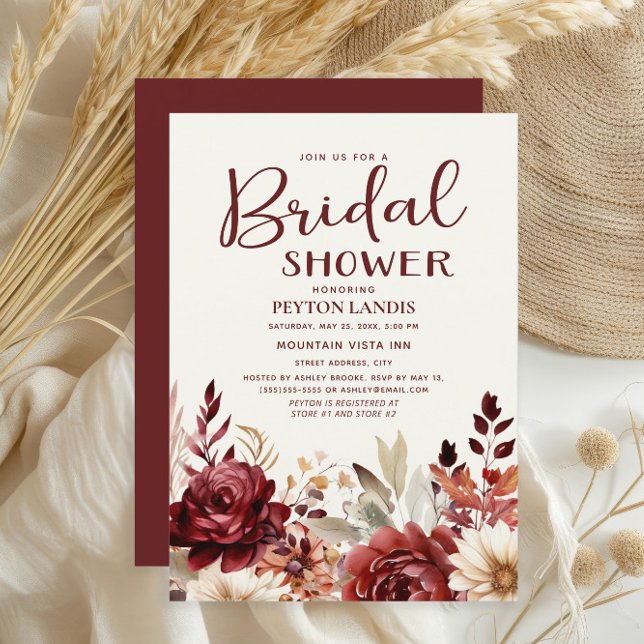 Burgundy Cream Blommigt Möhippa Inbjudningar (Burgundy and cream watercolor floral bridal shower invitation
)