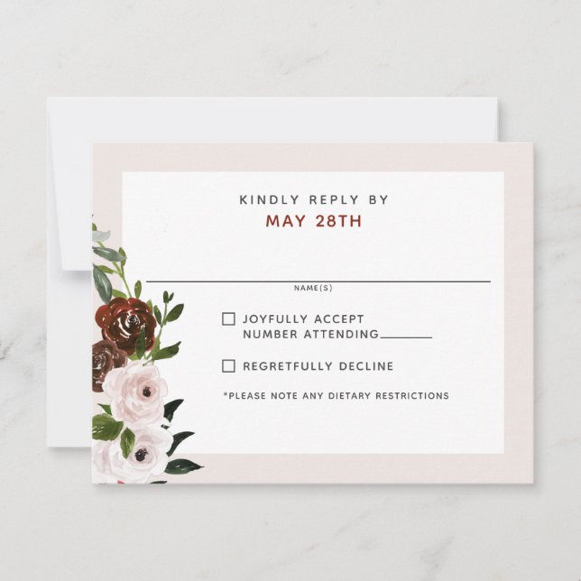 Burgundy Cream Dusty Rosa ros Blommigt Bröllop OSA Kort (Framsida)