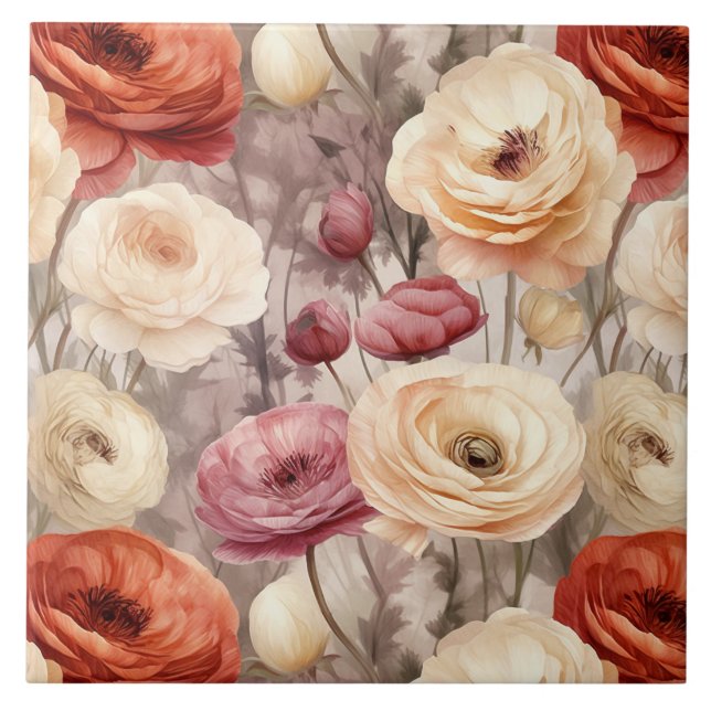 Burgundy Cream Flowers Kakelplatta (Framsidan)