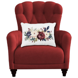 Burgundy Cream Navy Blue Blommigt Watercolor Bedro Prydnadskudde