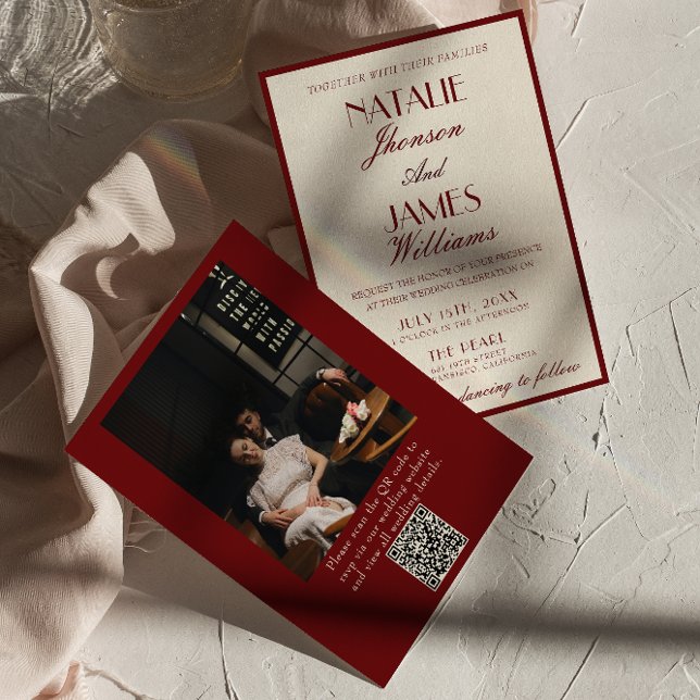 Burgundy Cream Old Money QR Code Photo Wedding Inbjudningar (Skapare uppladdad)