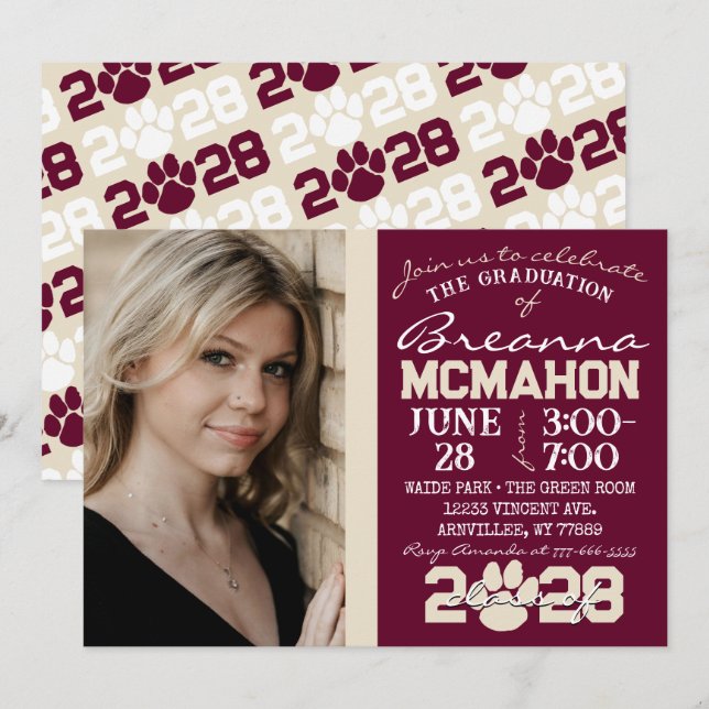 Burgundy & Cream Paw Skriv ut fotot i Studenten Inbjudningar (Fram/baksida)