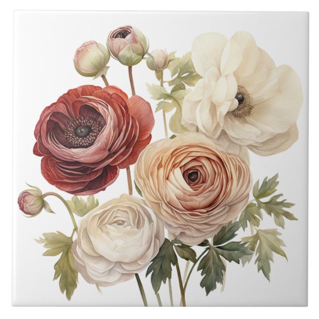 Burgundy Cream Ranunculus Flowers Kakelplatta (Framsidan)