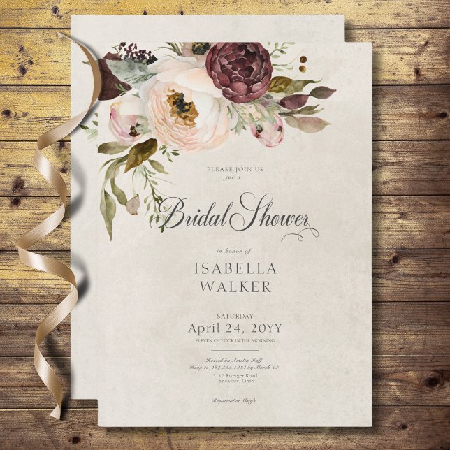 Burgundy Cream Rosa Vintage Peonies Möhippa Inbjudningar (Burgundy Cream Pink Vintage Peonies Bridal Shower Invitation)