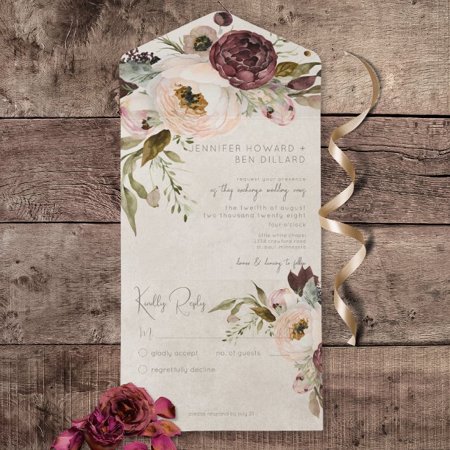 Burgundy Cream & Rosa Vintage Peonies No Dinner (Burgundy Cream & Pink Vintage Peonies All In One Wedding Invitation without Dinner Options)