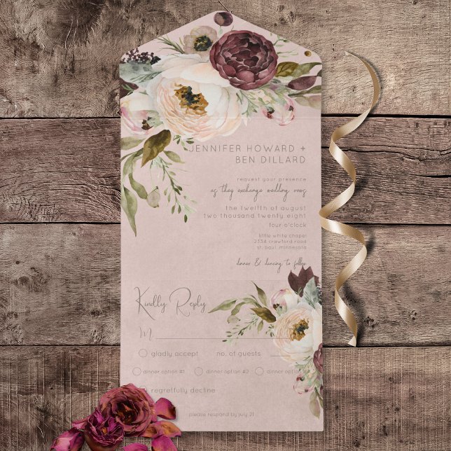 Burgundy Cream & Rosa Vintage Peonies Rosa Dinner (Burgundy Cream & Pink Vintage Peonies Pink All In One Wedding Invitation with Dinner Options)