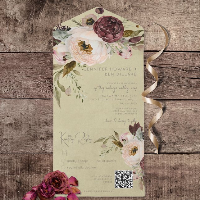 Burgundy Cream & Rosa Vintage Peonies Sage QR-kod (Burgundy Cream & Pink Vintage Peonies All In One Wedding Invitation with QR Code)