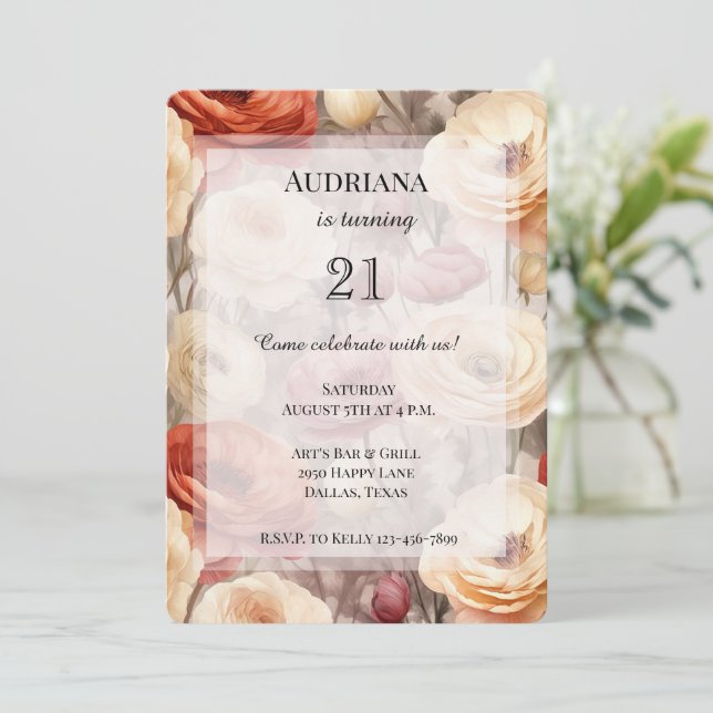 Burgundy Cream Vår blommor Birthday Inbjudningar (Stående Fram)