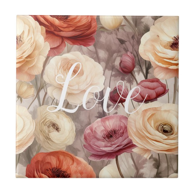 Burgundy Cream Vår blommor Kärlek Kakelplatta (Framsidan)