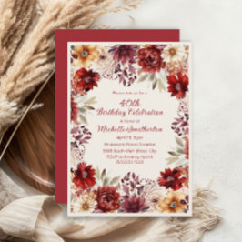 Burgundy Cream Watercolor Blommigt 40:e födelsedag Inbjudningar