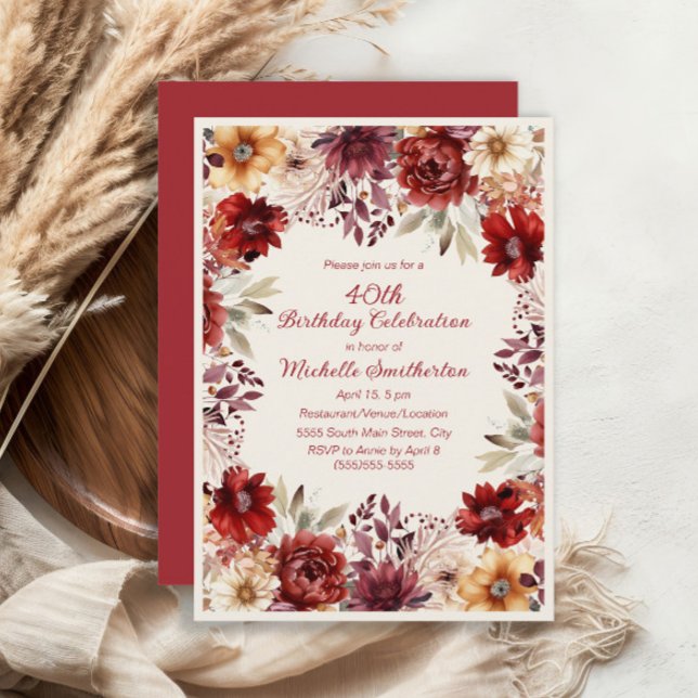 Burgundy Cream Watercolor Blommigt 40:e födelsedag Inbjudningar (Burgundy and cream floral 40th birthday party invitation)