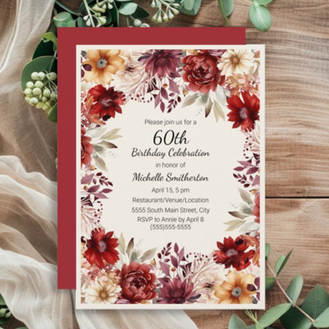 Burgundy Cream Watercolor Blommigt 60:e födelsedag Inbjudningar (Burgundy, rust, and cream-colored watercolor floral 60th birthday party invitation for women.)