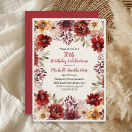 Burgundy Cream Watercolor Blommigt 70 Birthday Inbjudningar