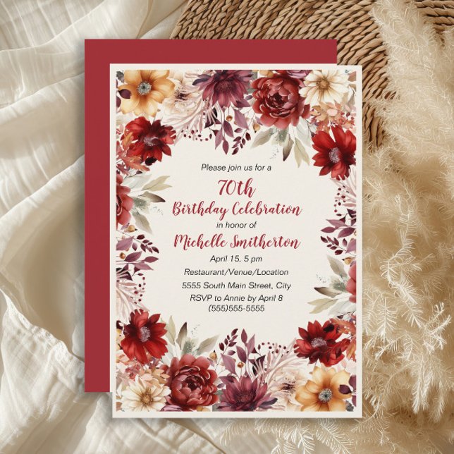 Burgundy Cream Watercolor Blommigt 70 Birthday Inbjudningar (Burgundy, rust, and cream-colored watercolor floral 70th birthday party invitation for women.)
